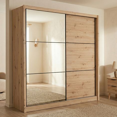 Armario grande Pelago, armario de dormitorio con barra, 5 estantes, apertura corredera, 213x216h cm, roble marrón con nudos (1/5)