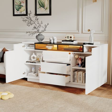 Buffet de salon 140 x 40 x 68 cm avec LED, 2 portes, 3 tiroirs, blanc et noir DESVIAE (1/5)