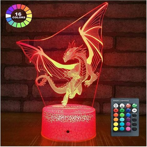 Dragon Veilleuse Dragon Lampe Enfants Veilleuse 16 Couleurs avec Télécommande 3D Optique Illusion Lampe Enfants Cadeaux (1/5)