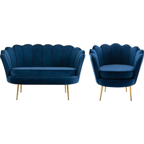 Pascal Morabito – Canapé droit 2 places en velours bleu nuit – Fauteuil coquillage assorti – Structure métal et contreplaqué – Garnissage mousse polyuréthane