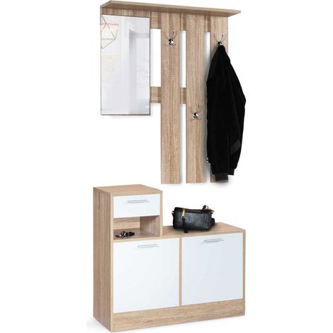 Eingangsgarderobe mit Spiegel PAULIN Design Buche Weiße Türen (1/5)