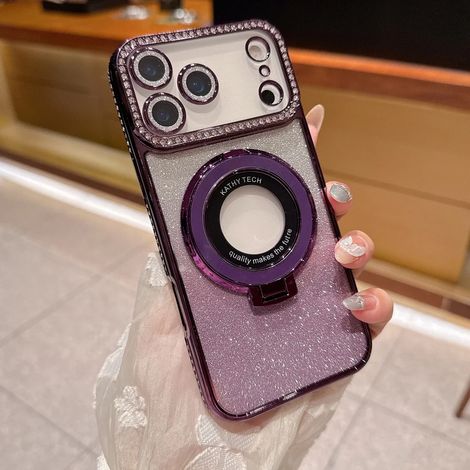(Violet, iPhone 13 Pro) Étui de téléphone de haute qualité orné de strass scintillants et doté d'un support de chargement sans fil magnétique.