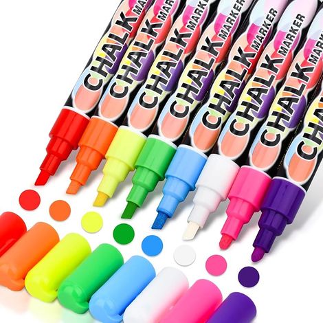 Lot de 8 marqueurs à craie pour tableau blanc - Marqueurs pour fenêtre - Lavable - Pointe réversible de 6 mm - Stylos colorés pour fenêtre - Craie liquide fluo pour verre (1/5)