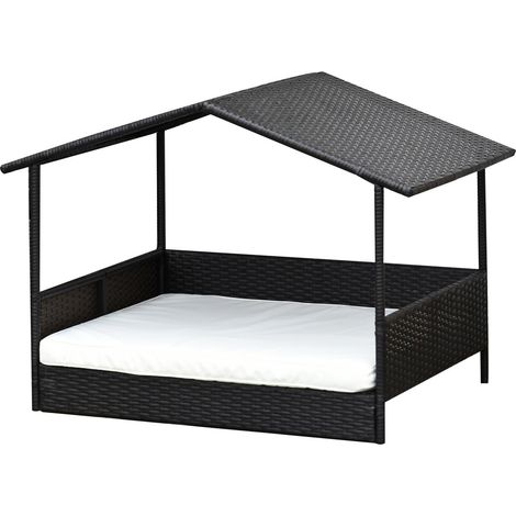 Rattan Hundehaus Mit Kissen, Hundebett Im Hausform, Outdoor Hundehütte, Stahlrahmen, Pp, Kaffee-Braun, 98 X 69 X 73 Cm