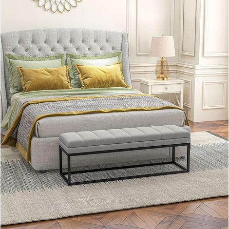 Banco de cama capitonado efecto lino 120 x 44 x 45,5 cm gris claro 200 kg DESVIAE (1/5)