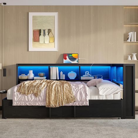 Canapé-lit 90 x 200 cm, avec lit gigogne, compartiment de rangement, éclairage LED et ports USB, noir