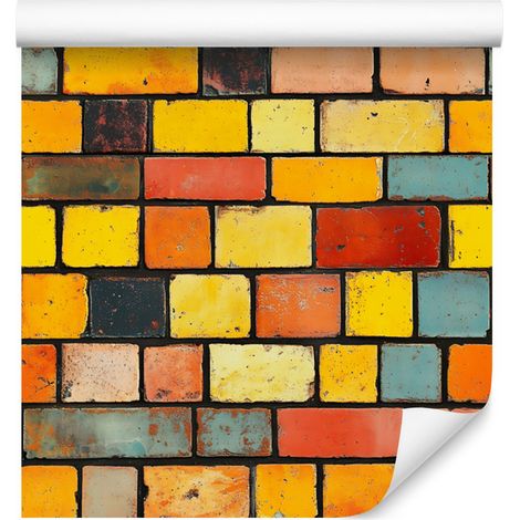 Carta da parati con motivo muro di mattoni colorati oro, giallo e pesca 50x1000 cm (1/5)