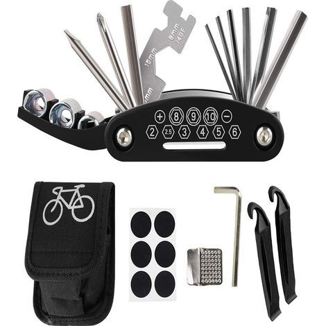 Fahrradzubehör – Multifunktionales Reparaturset – Faltbares Multitool – Reifenreparaturset – Reifenheber – Tragbare Aufbewahrungstasche – Reparaturzubehör (1/5)