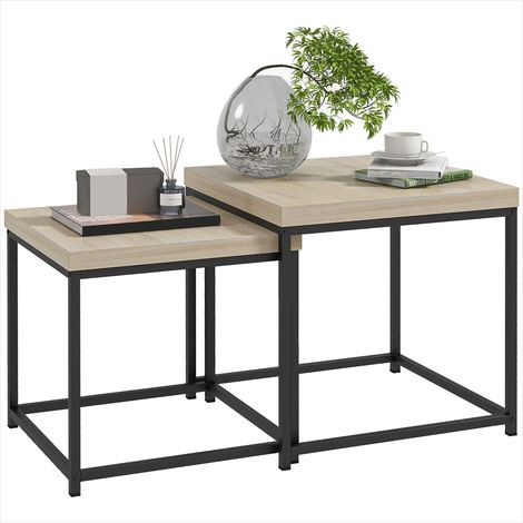 Table basse gigognes carrées en acier et bois clair lot de 2 (1/5)