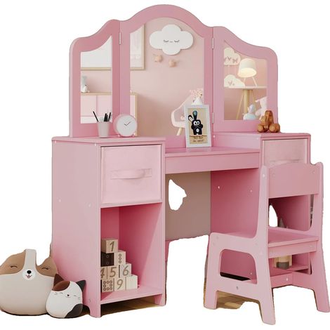 Tocador infantil, mesa de maquillaje de madera, espejo plegable desmontable de tres partes, rosa. (1/2)
