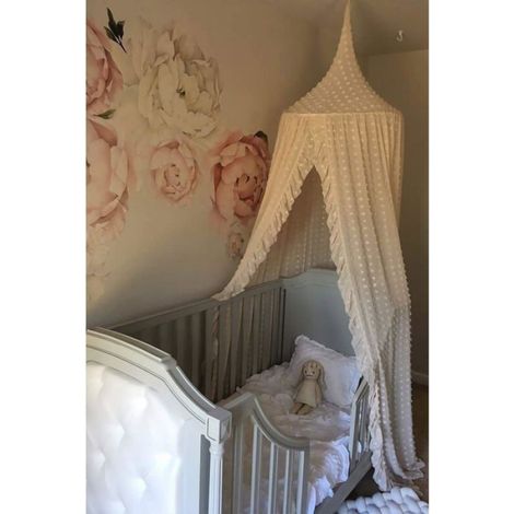 Moustiquaire - Lit Bébé Berceau - Tente Rêve Dentelle Tulle Pompons - Pour Chambre Enfant Fille - 1 Pièce (1/4)