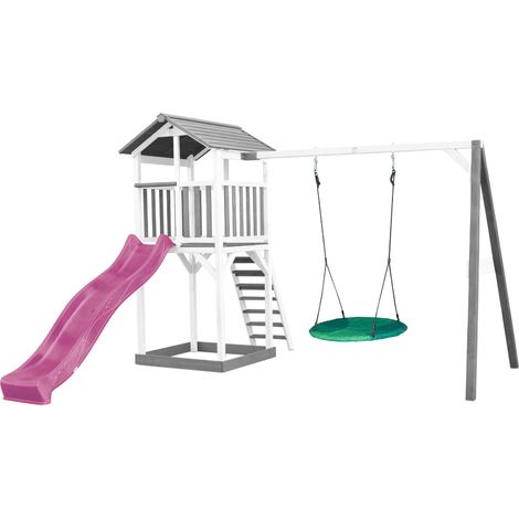 Axi Beach Tower Aire De Jeux Avec Toboggan En Violet, Balançoire Nid D'Oiseau Vert & Bac À Sable Grande Maison Enfant Extérieur En Gris & Blanc Cabane De Jeu En Bois Fsc (1/5)