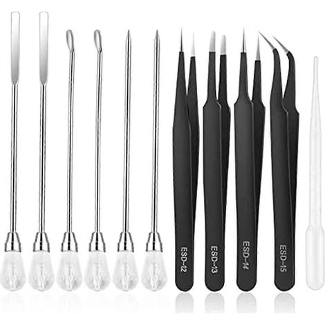Kit de 11 outils pour moules en résine : aiguille à mélanger, cuillère, pince à épiler (noir et blanc) (1/5)