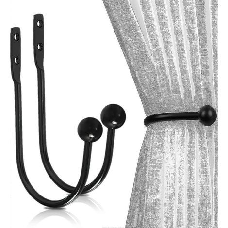 Attaches de rideaux, lot de 2 crochets avec vis, fixation murale, accessoires pour rideaux de douche et de fenêtre, noir (1/5)