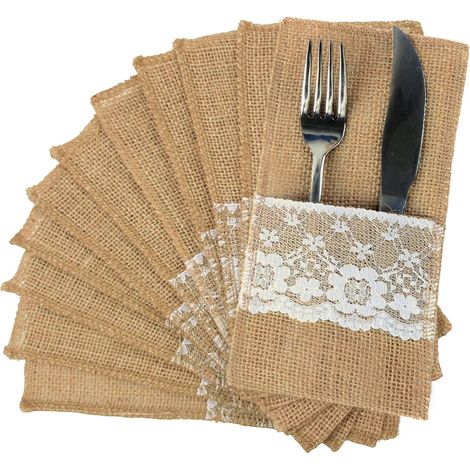 Lot de 12 sacs de rangement en lin et dentelle pour couverts - 10 x 20 cm - Décorations de fête - Sacs de rangement (1/4)