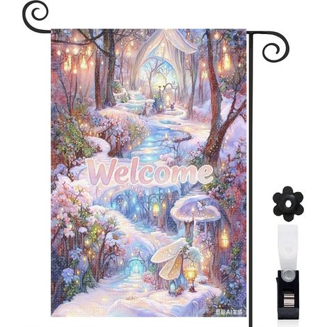 Bannière de cour Welcome fée et neige bleue 30 x 45 cm décoration terrasse et balcon (1/4)
