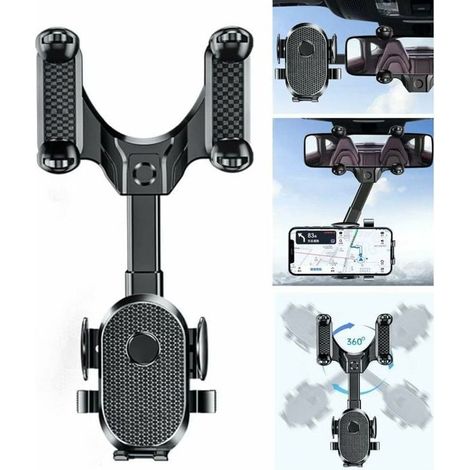 1 support téléphone voiture rotatif 360°, fixation rétroviseur, pince ajustable anti-vibrations pour smartphones 4-7 pouces (1/4)