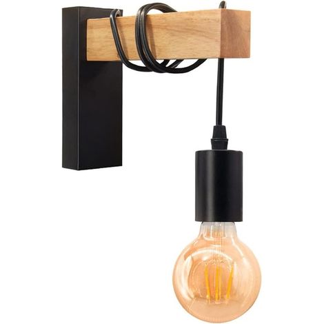 Applique Lampada da Parete Nera in Metallo, Design Industriale con Dettagli in Legno, Ideale per Interni, Attacco E27