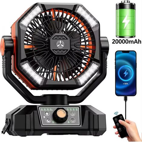 Ventilateur portable orange avec 4 lampes LED, 8 vitesses réglables, fonction minuterie et batterie rechargeable de 20000 mAh – idéal pour le camping, les activités en plein air et la pêche (1/5)