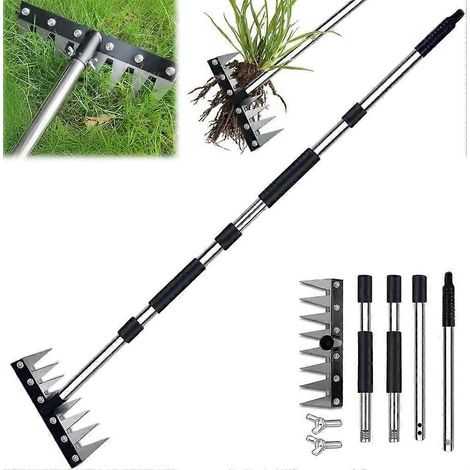 Râteau à désherber manuel robuste pour jardin manche réglable 4 sections 8 dents acier inoxydable pour travail efficace du sol (1/5)