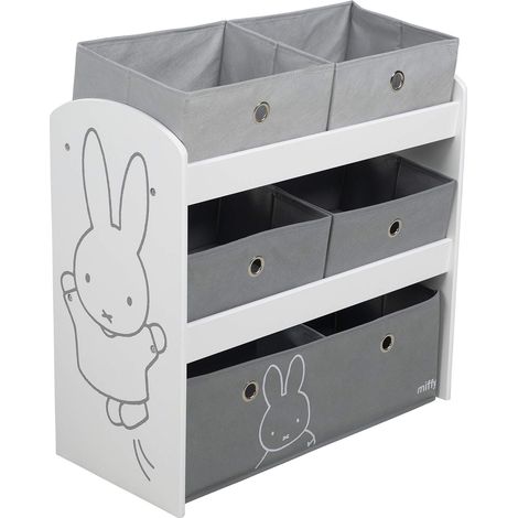 roba Scaffalatura Portaoggetti miffy - con 5 Scatole in Tessuto Grigio - 64 x 30 x 60 cm - per Riporre Pannolini, Vestiti, Giocattoli - per la Cameretta e per il Bagno - Legno Laccato Bianco (1/5)