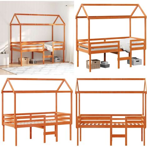 Cama alta con techo madera maciza de pino marrón cera 90x190 cm - Cama con techo - Cama de madera