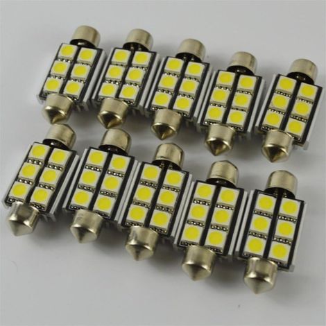 BRAVIX Lot de 10 ampoules navettes de 36 mm 5050 SMD 6 LED C5W pour intérieur de voiture, éclairage de porte, éclairage de chemin, lampe de travail 12 V