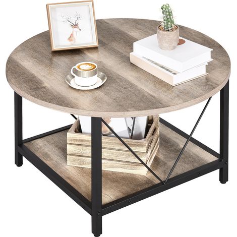 Table Basse Ronde pour Salon, 80 x 80 x 46 cm, Table Centrale rétro avec étagère de Rangement, Table Basse Industrielle, Gris Délavé (1/5)