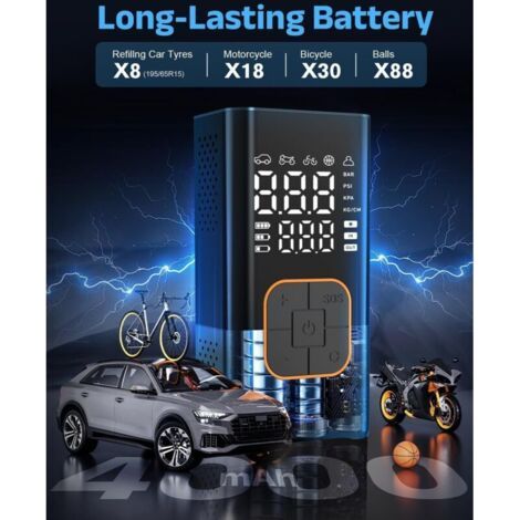 NALOOKAMIC Gonfleur Pneus Voiture sans Fil, Compresseur à Air Portatif avec Manomètre Numérique (150 PSI), Double Affichage, Batterie Rechargeable, Lampe LED, Pompe a Velo pour Voiture, Moto, Vélo, Ba