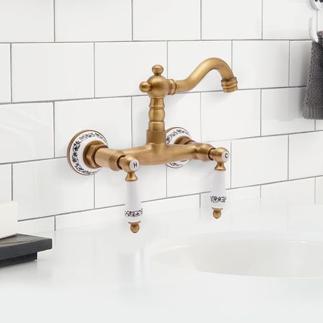 Robinet mural vintage - Double levier - Avec bec pivotant à 180° - Robinet mural doré antique - Pour cuisine, salle de bain, toilettes d'invités - Laiton - Raccord 1/2" (1/5)
