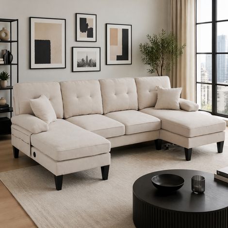 Divano a U 4 posti in tessuto effetto lino beige con due chaise longue (1/5)