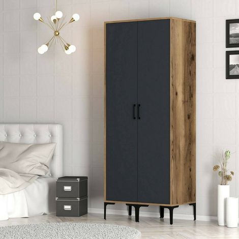 Dmora - Guardaroba 2 ante Alkaid, Mobile camera da letto, Cabina armadio portabiti, Armadio appendiabiti, 80x201h48 cm, Noce e Antracite, con imballo rinforzato, con imballo rinforzato (1/5)