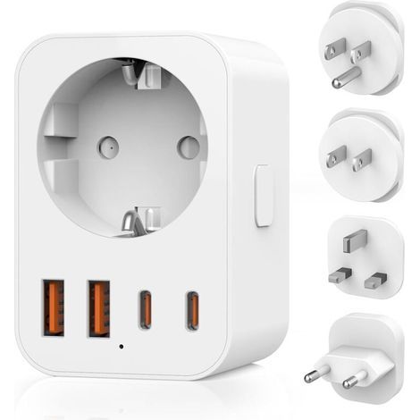 Adaptateur de Voyage Mondial, 4 Prises de Voyage Amovibles Travel Adapter, Adaptateur de Voyage vers USA/UK/Japan/Europe, Adaptateur Type A/B/G/C International avec 2 USB C/2 USB A//1 AC (1/5)