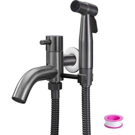 Robinet Mural Eau Froide Avec Douchette à Main Bidet,Flexible de Douche 1.5M, Installation Facile Robinetterie Lavabo Encastré Mural Design Moderne Raccord Fileté 1/2" Gris (1/5)