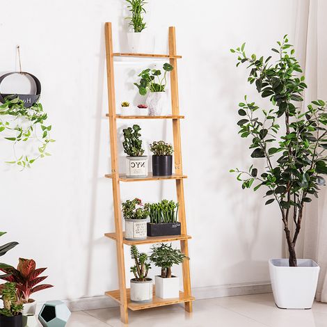 Étagère échelle 5 niveaux en bambou naturel avec structure inclinée stable et pieds antidérapants pour salon, chambre et bureau (1/5)