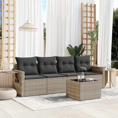 Salon de jardin 5 pcs avec coussins gris clair résine tressée (1/5)