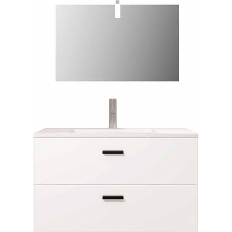 meuble salle de bains 80 cm 2 tiroirs blanc avec vasque blanche, miroir et applique led - box led — vue 3