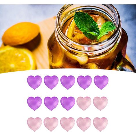 Lot de 15 glaçons réutilisables en forme de cœur, jolis motifs de dessins animés, lavables et réutilisables, en plastique violet, pour préparer des boissons fraîches. (1/5)