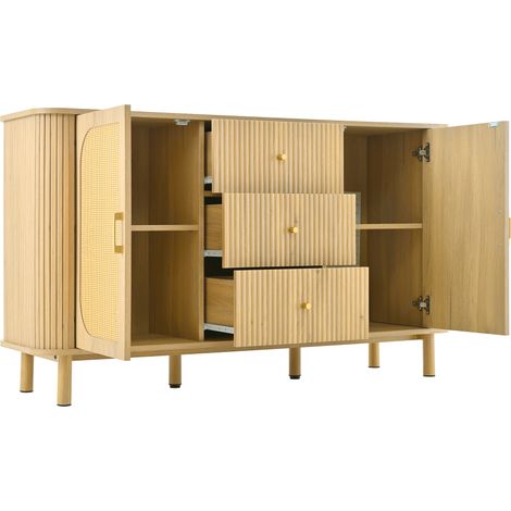 ELVMI Credenza con 2 Ante, 3 Cassetti e Passacavi per Soggiorno e Sala da Pranzo in MDF 140×40×80 cm Naturale (1/4)
