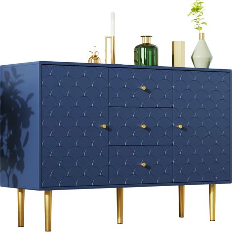 Cassettiera 40x120x83 cm, 2 Ante e 3 Cassetti, Ripiani e Cerniere Regolabili, Motivo Squame, Metallo, Blu Navy