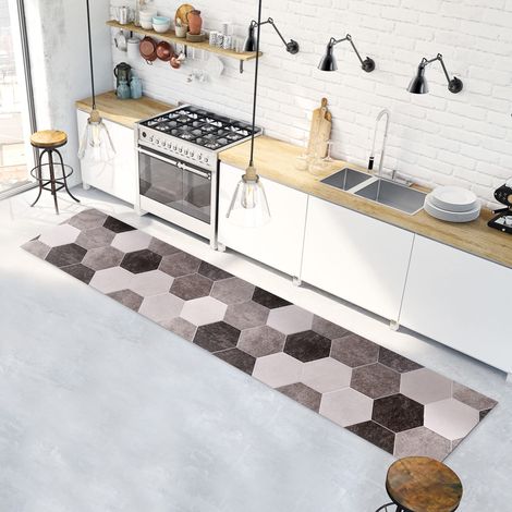 Tapis de Cuisine antidérapant hexagones Gris 240x50 cm Tapis de Protection de Sol en Vinyle fabriqué en Italie, avec Encre Non Toxique, Ignifuge et résistant à l'eau (1/5)