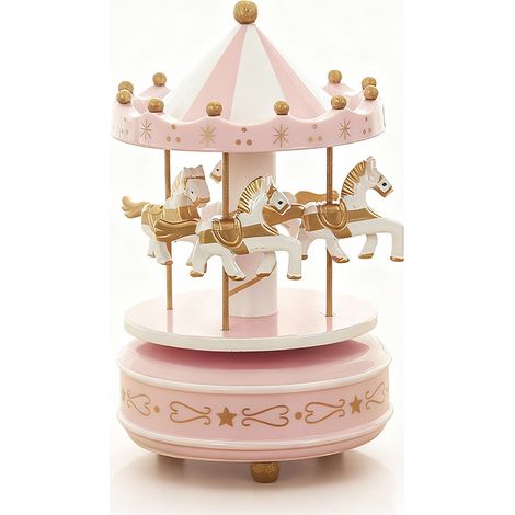 Boîte à musique carrousel à cheval vintage en bois rose, cadeau de Noël ou d'anniversaire, boîte à musique carrousel à mécanisme à cliquet luxueuse. (1/4)