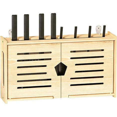 Meuble de Rangement Routeur en Bois - 46x10x24 cm - Coffre de Rangement Ventilé pour Routeur, Modem & Câbles - Avec Ouvertures Antennes & Fixation Murale - Bois Naturel (1/5)