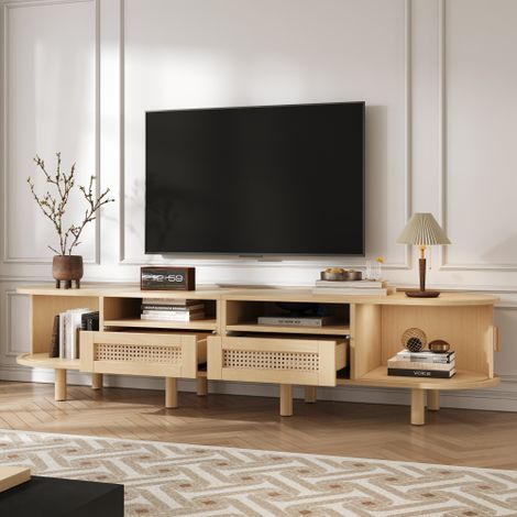 Meuble TV de salon (avec rangements) — Doté d'un design à plateau supérieur cintré. Fabriqué en MDF avec une finition aspect bois  comprend deux tiroirs. Capacité de charge : 30 kg. (1/4)