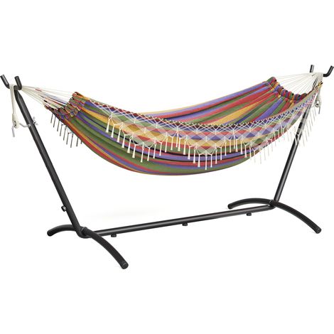 Hamac sur Pied Double avec Franges à 6 Brins - Réglage 6 Positions et Sac de Transport Inclus pour Jardin/Camping en Plein Air, Rouge, Mondeer (1/5)