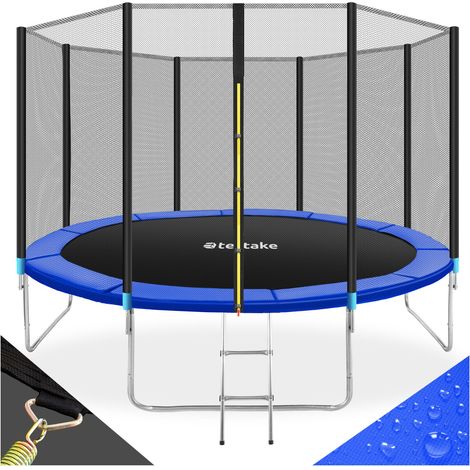 Trampoline avec échelle et filet de sécurité en acier noir bleu