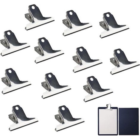 12 clips para documentos de acero inoxidable，75 x 48 x 32 mm，Alicates grandes tipo Bulldog con bisagra metálica (1/5)
