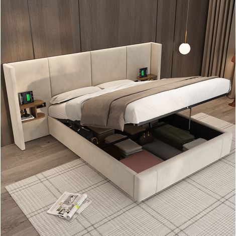 Cama adulta 160x200 cm de madera beige con almacenaje, sin colchón FloraGrace (1/5)