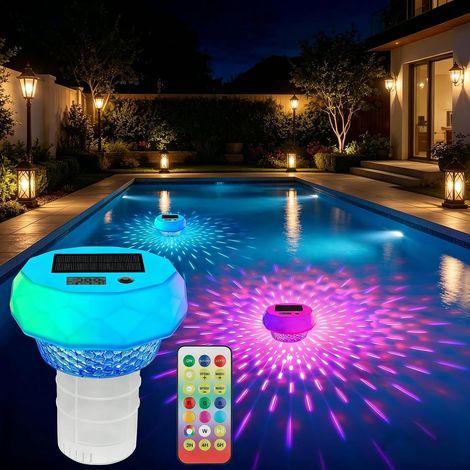 Thermomètre solaire de piscine numérique – Thermomètre flottant avec écran LED et fonction minuterie, 8 effets de lumière dynamiques, étanche IP68, alimenté par l'énergie solaire, pour piscine (1/5)
