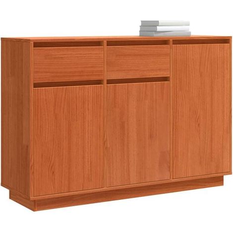 Buffet de Cuisine en Pin Massif avec Tiroirs, 110x34x75 cm, Meuble de Rangement Style Campagnard Français, Finition Cire Marron (1/5)